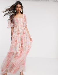 Needle & Thread smocked maxi dress in spring rose print / romantic pink occasion gown
