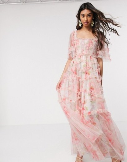 Needle & Thread smocked maxi dress in spring rose print / romantic pink occasion gown - flipped
