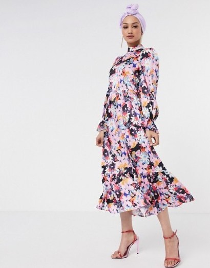 Never Fully Dressed long sleeve fluted sleeve maxi dress in pink floral print / ruffle trimmed dresses - flipped