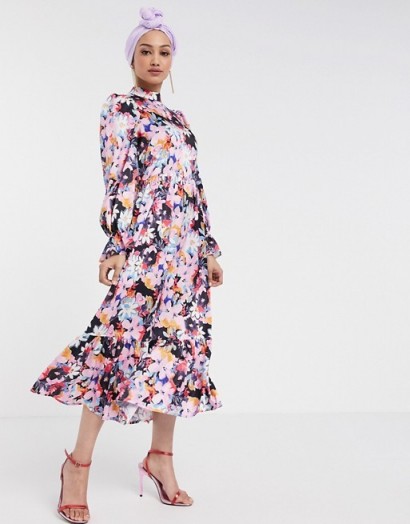 Never Fully Dressed long sleeve fluted sleeve maxi dress in pink floral print / ruffle trimmed dresses