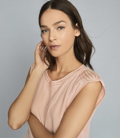 REISS NOAH EMBROIDERED DETAIL SLEEVELESS TOP PINK ~ detailed shoulders and neckline - flipped