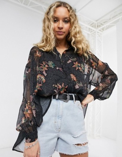 Object shirt in paisley print ~ black relaxed fit blouses - flipped