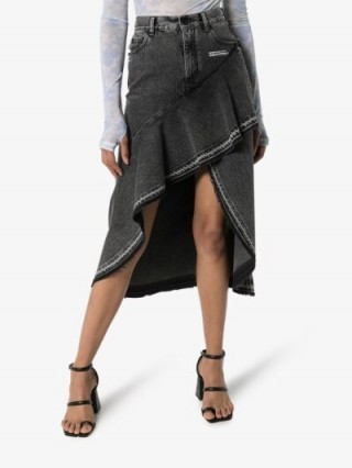 Off-White Asymmetric Ruffle Denim Midi Skirt in Grey