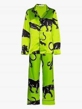 Olivia von Halle Lila Hades Printed Silk Pyjama Set in Green / panther prints / bright pyjamas - flipped