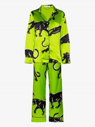 Olivia von Halle Lila Hades Printed Silk Pyjama Set in Green / panther prints / bright pyjamas