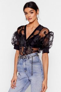 NASTY GAL Organza Button Front Sheer Blouse in Black
