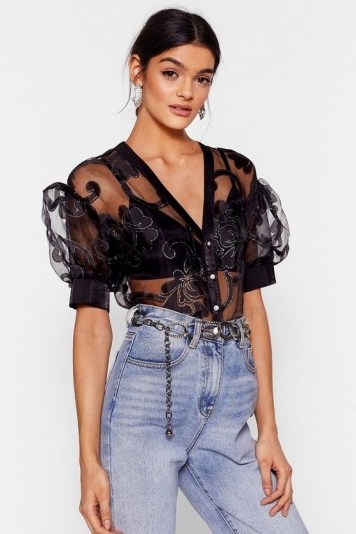 NASTY GAL Organza Button Front Sheer Blouse in Black - flipped
