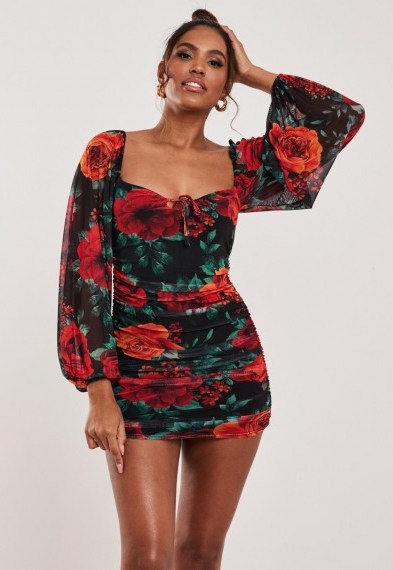 Missguided petite black floral mesh balloon sleeve mini dress – ruched going out dresses - flipped