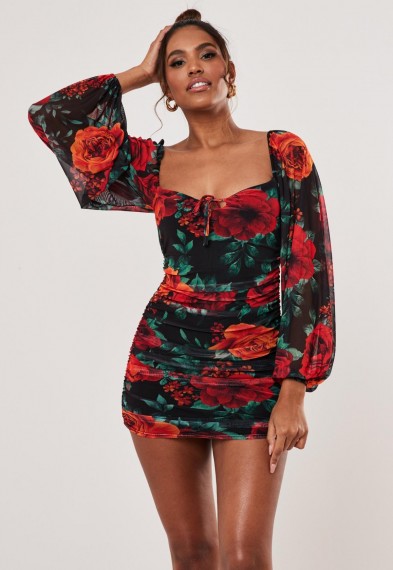Missguided petite black floral mesh balloon sleeve mini dress – ruched going out dresses