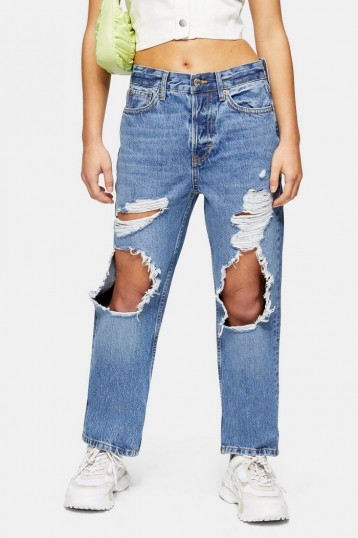 Topshop PETITE Mid Blue Ripped Dad Jeans | destroyed | distressed