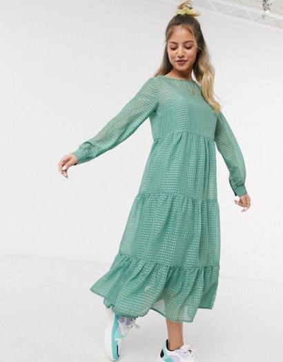Pieces midi smock dress in green grid check - flipped