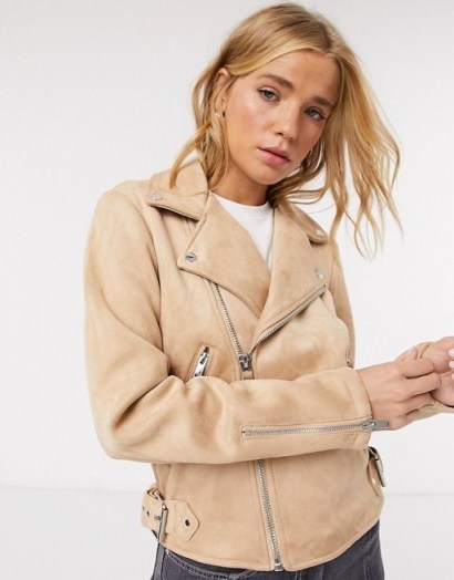 Pimkie faux suede biker jacket in beige – neutral outerwear - flipped