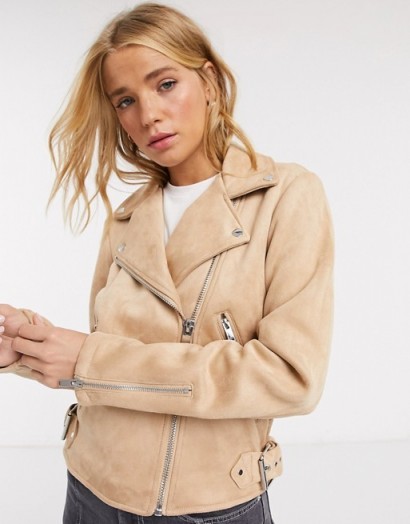 Pimkie faux suede biker jacket in beige – neutral outerwear