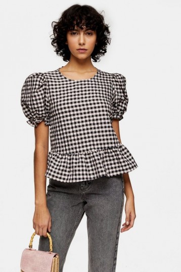 Puff Sleeve Top – Topshop Pink Check Bow Back Puff Blouse