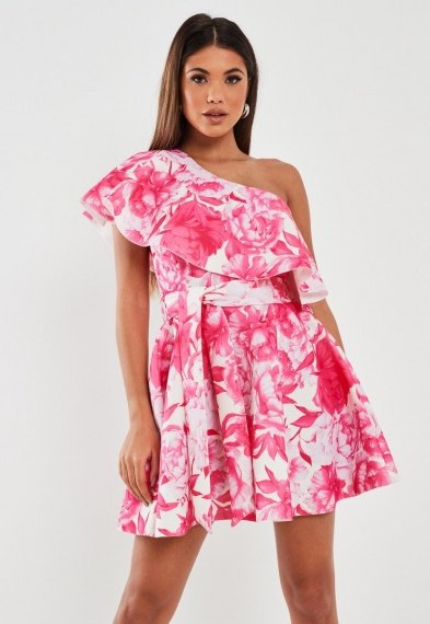Missguided pink floral frill shoulder scuba skater dress – flared party dresses - flipped