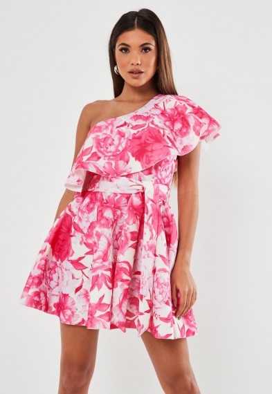 Missguided pink floral frill shoulder scuba skater dress – flared party dresses