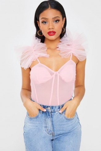 IN THE STYLE PINK MESH FRILL SHOULDER BODYSUIT - flipped