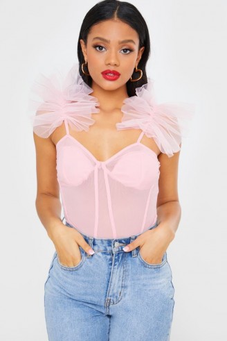 IN THE STYLE PINK MESH FRILL SHOULDER BODYSUIT