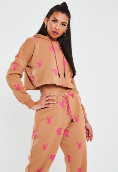 playboy x missguided camel all over print cropped hoodie – hoodies – designer sports fashion - flipped