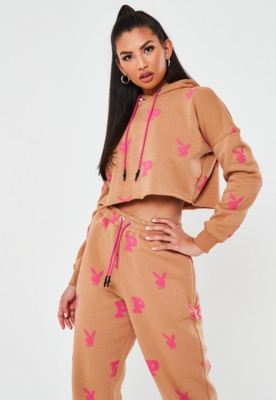 playboy x missguided camel all over print cropped hoodie – hoodies – designer sports fashion