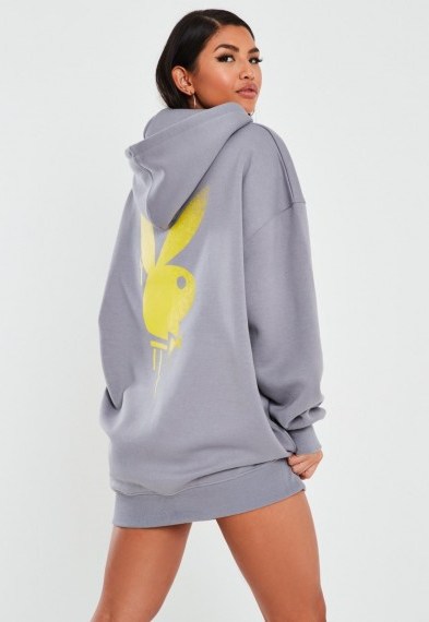 playboy x missguided grey drip bunny overized hoodie dress / logo hoodies - flipped