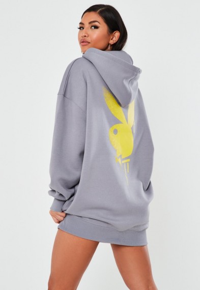 playboy x missguided grey drip bunny overized hoodie dress / logo hoodies
