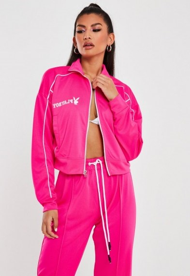 playboy x missguided pink zip through cropped jacket – logo printed sports jackets - flipped