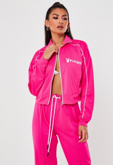 playboy x missguided pink zip through cropped jacket – logo printed sports jackets