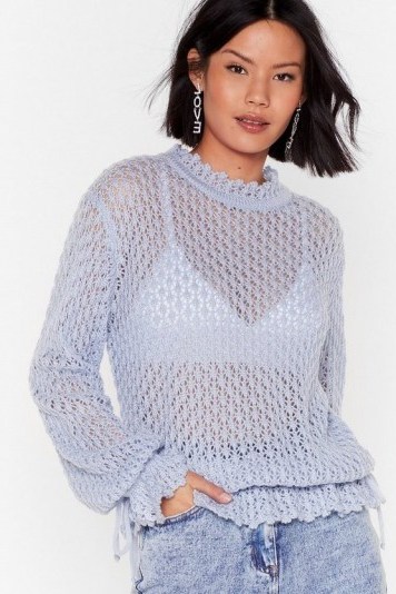 NASTY GAL Pointelle Good Relaxed High Neck Jumper in Baby Blue - flipped