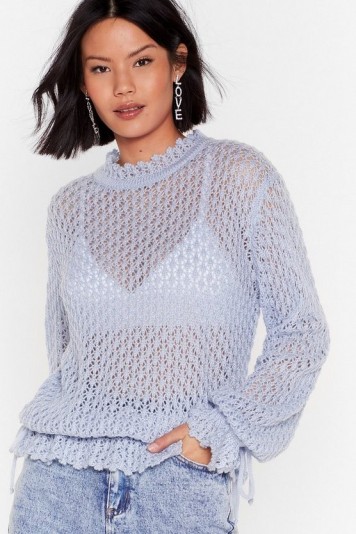 NASTY GAL Pointelle Good Relaxed High Neck Jumper in Baby Blue