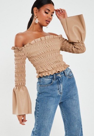 MISSGUIDED premium beige faux leather shirred bardot top - flipped
