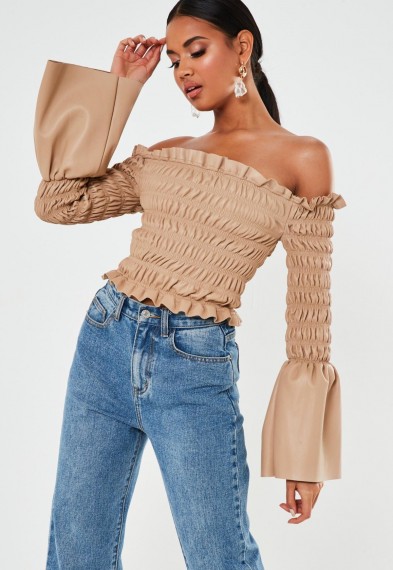 MISSGUIDED premium beige faux leather shirred bardot top