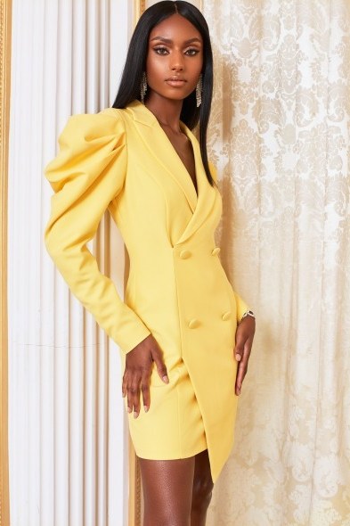 lavish alice cowl sleeve mini blazer dress in lemon yellow - flipped
