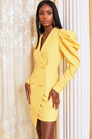 lavish alice cowl sleeve mini blazer dress in lemon yellow
