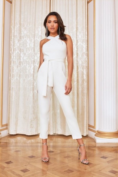 lavish alice halter neck tailored jumpsuit in white | going out jumpsuits - flipped