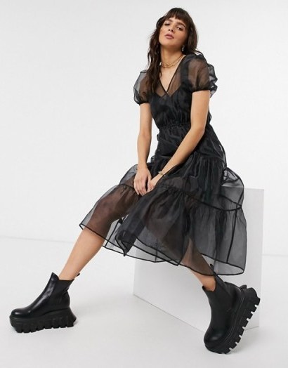 Black tiered dress – Reclaimed Vintage inspired wrap dress with volume sleeve in organza - flipped