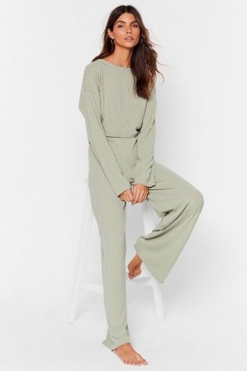 NASTY GAL Recycled Keep Your Cool Ribbed Top and Wide-Leg Pant Set in Sage – loungewear – lounge sets - flipped