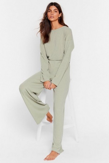 NASTY GAL Recycled Keep Your Cool Ribbed Top and Wide-Leg Pant Set in Sage – loungewear – lounge sets
