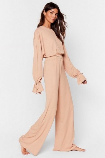 Loungewear Sets – NASTY GAL Recycled Tie-ing to Relax Wide-Leg Pants Set in Oatmeal - flipped