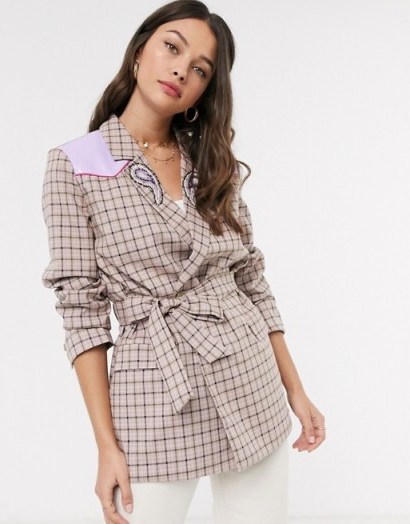 Resume temple tailored check coat with paisley and leather details in sand - flipped
