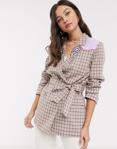 Resume temple tailored check coat with paisley and leather details in sand