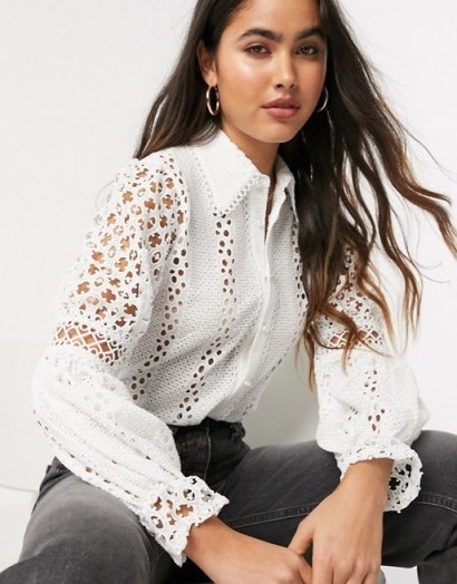 River Island long sleeve broderie shirt in white – feminine cut-out blouse - flipped