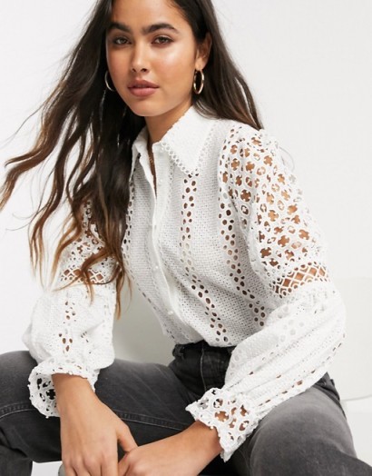 River Island long sleeve broderie shirt in white – feminine cut-out blouse