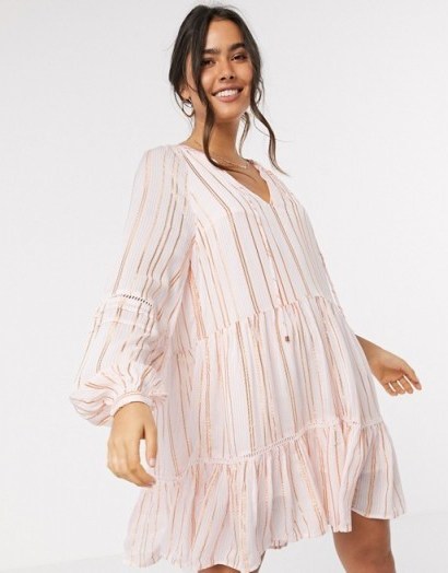 River Island metallic thread stripe smock mini dress in pink – tiered dresses - flipped