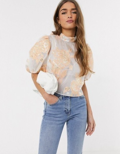 River Island Petite organza short sleeve top in white ~ puff sleeved blouse - flipped
