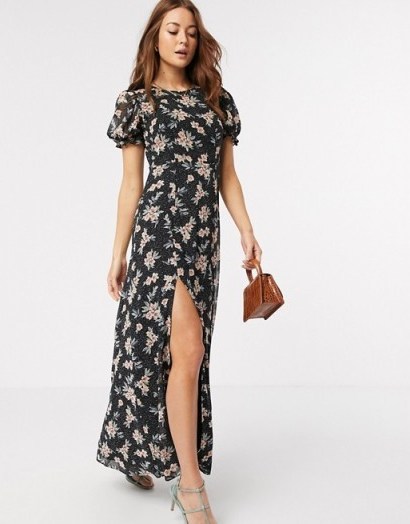 River Island short sleeve chiffon floral maxi dress in black / thigh high slit dresses - flipped