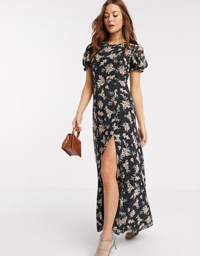 River Island short sleeve chiffon floral maxi dress in black / thigh high slit dresses