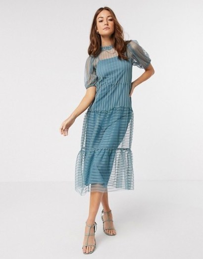 River Island stripe mesh smock midi dress in light blue | sheer overlay dresses - flipped