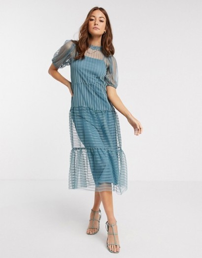 River Island stripe mesh smock midi dress in light blue | sheer overlay dresses