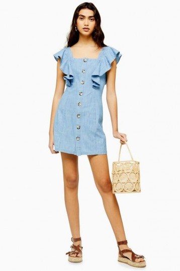 Topshop Ruffle Sleeve Horn Button Mini Dress in mid stone - flipped